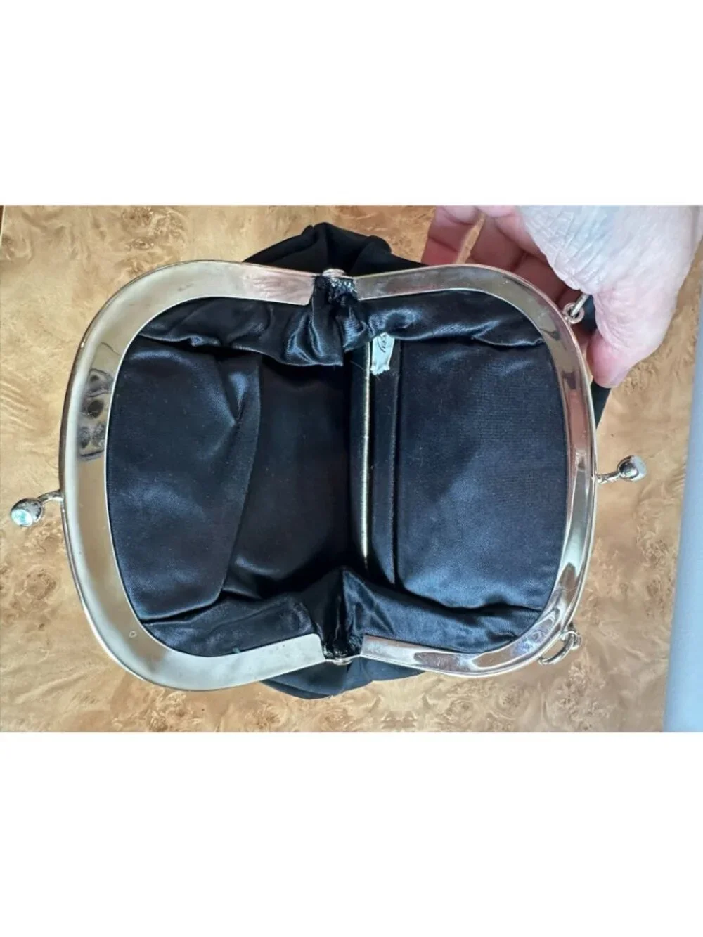 Vintage Garay Black Satin Evening Bag Kiss Lock Clutch Top Handle Cocktail Purse